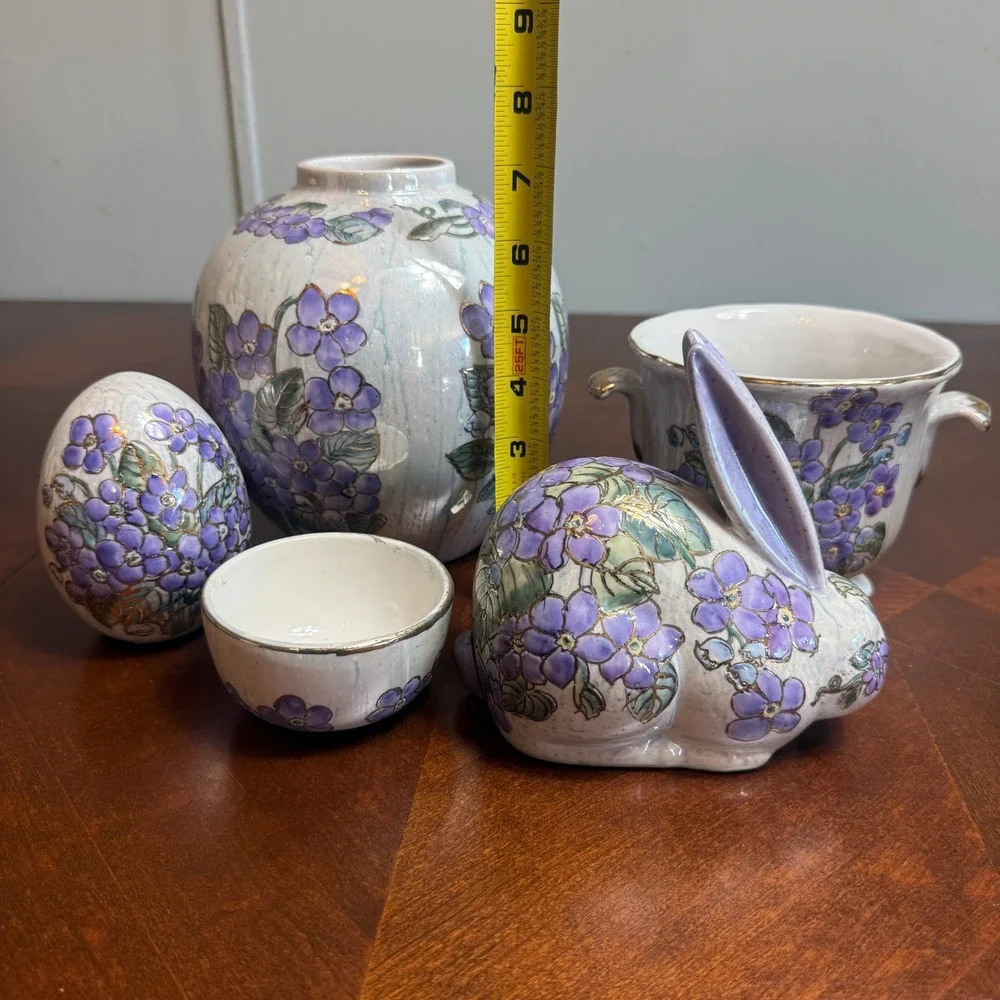 Purple‎ Floral Ceramic Decor Set  Vase Rabbit Egg Gold Trim Chinoiserie